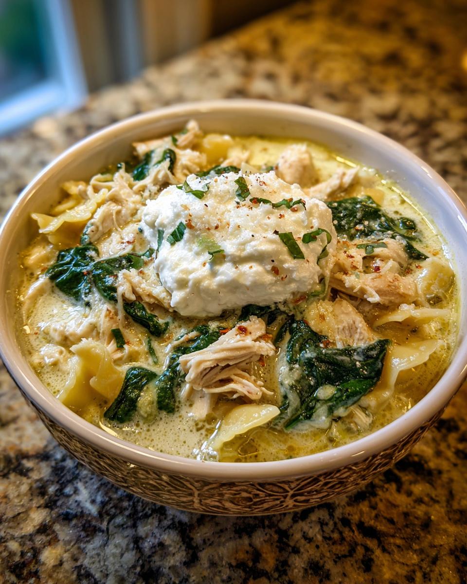 A close-up of a bowl of creamy white chicken lasagna soup, featuring shredded chicken, spinach, noodles, and a dollop of ricotta cheese.