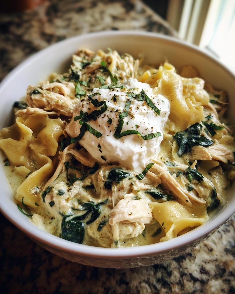 A close-up of a bowl of white chicken lasagna soup with shredded chicken, spinach, pasta, and a dollop of ricotta cheese.