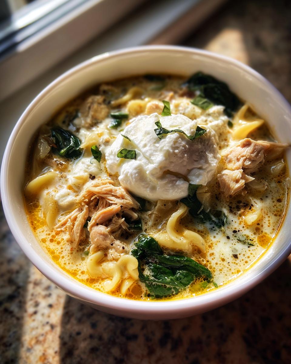 Close-up of a bowl of creamy white chicken lasagna soup topped with a dollop of ricotta and fresh herbs.