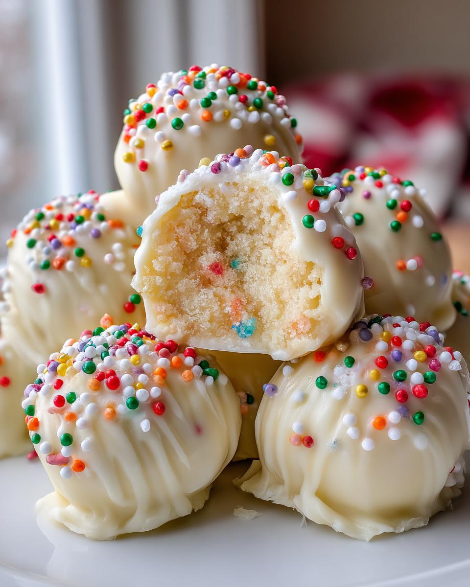 A stack of white chocolate coated sugar cookie truffles topped with colorful nonpareils, one is broken open.