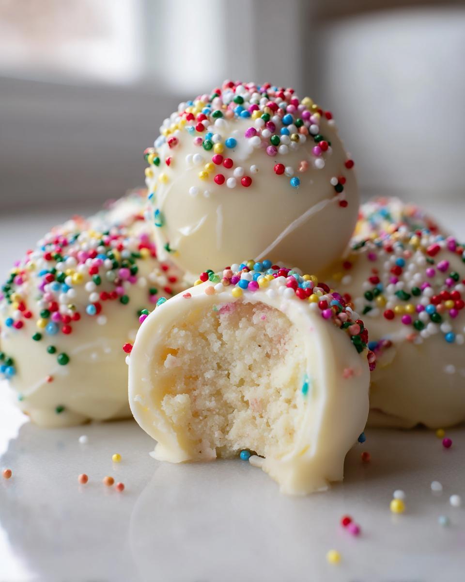 Close-up of white chocolate coated sugar cookie truffles, one bitten to show the soft interior, covered in rainbow sprinkles.