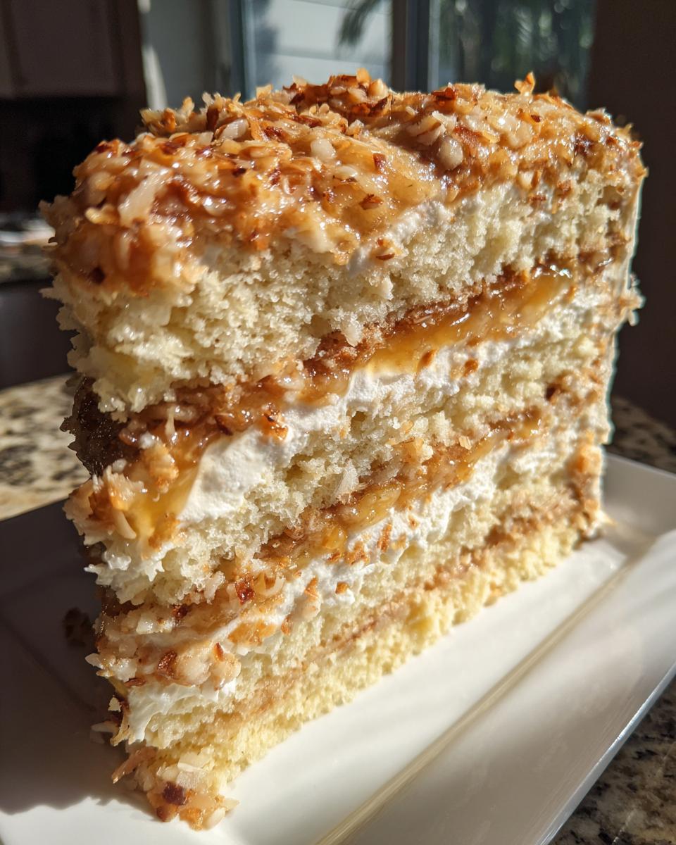 Close-up of a tall slice of white German chocolate cake layered with cream and coconut pecan frosting.