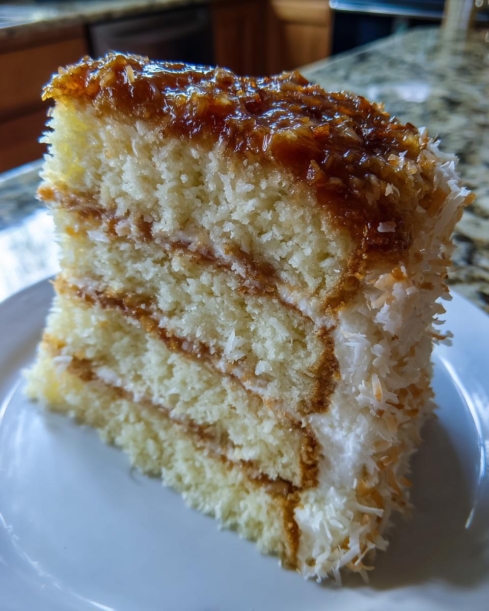 Close-up of a tall slice of white German Chocolate Cake layered with coconut pecan frosting.