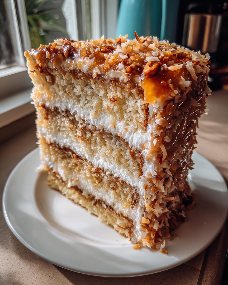 A tall, layered slice of white German Chocolate Cake topped with toasted coconut and pecans.