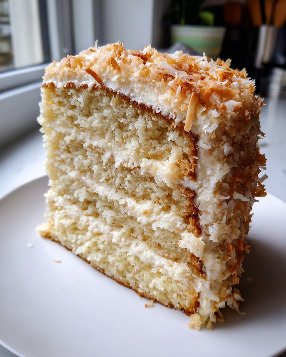 A tall slice of white German chocolate cake showing three layers of white cake and frosting, topped with toasted coconut.