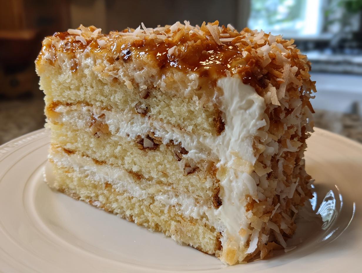 A tall slice of white German Chocolate Cake layered with cream, pecans, and topped with toasted coconut.