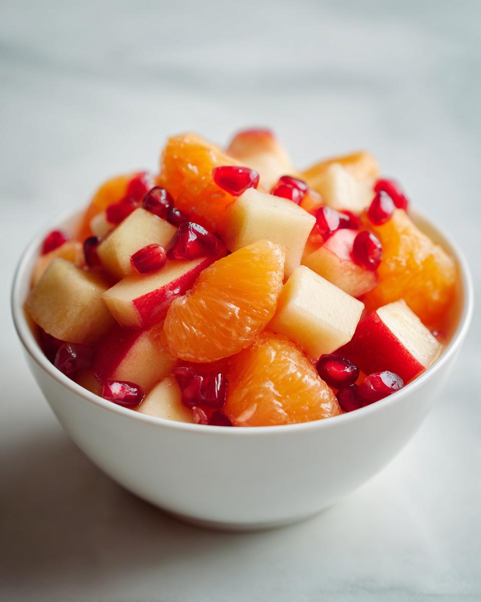 Close-up of a vibrant winter fruit salad featuring orange segments, diced apples, and pomegranate seeds.