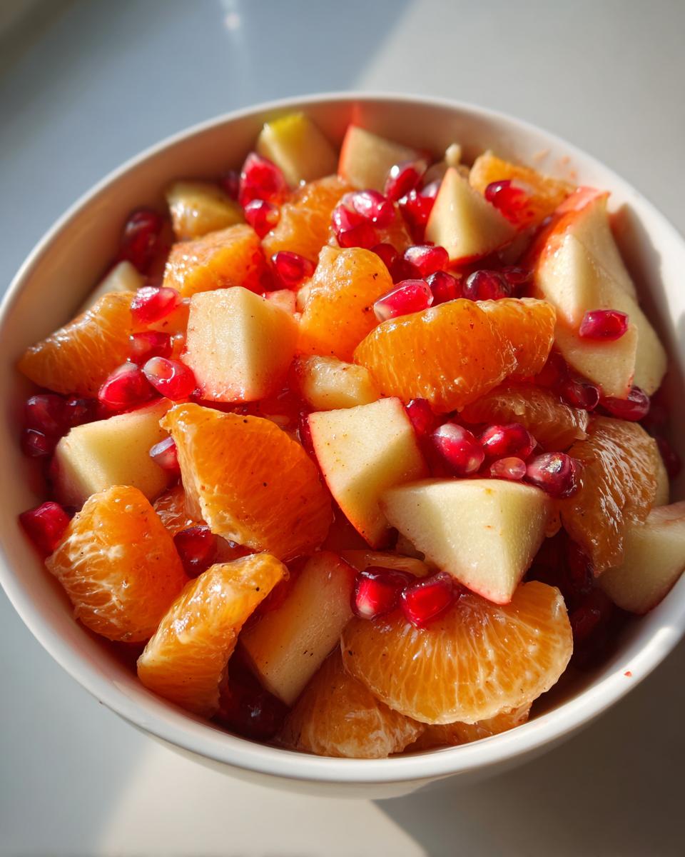 Close-up of a vibrant winter fruit salad featuring orange segments, diced apples, and bright red pomegranate seeds.