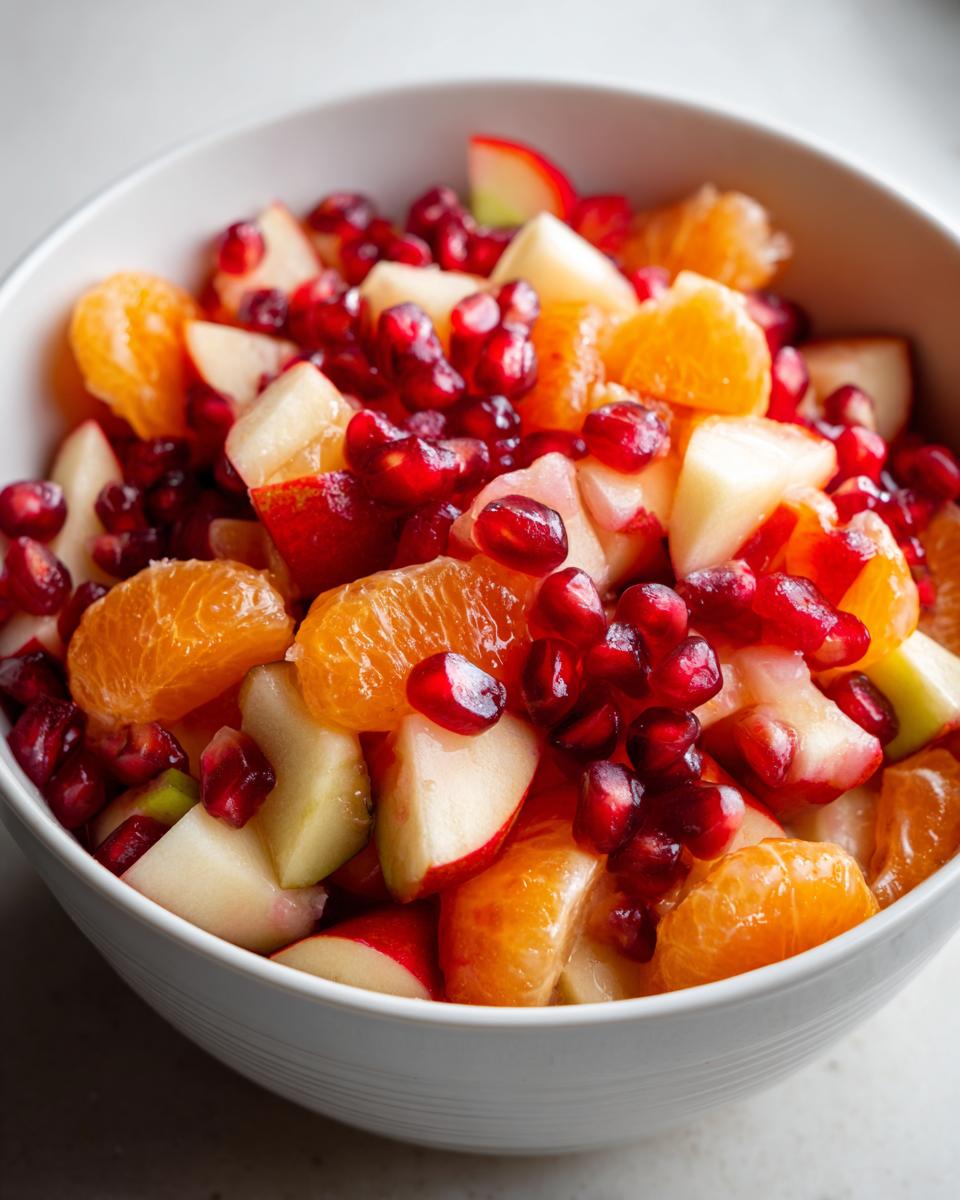 Close-up of a white bowl filled with colorful winter fruit salad featuring mandarin segments, apple chunks, and bright pomegranate seeds.