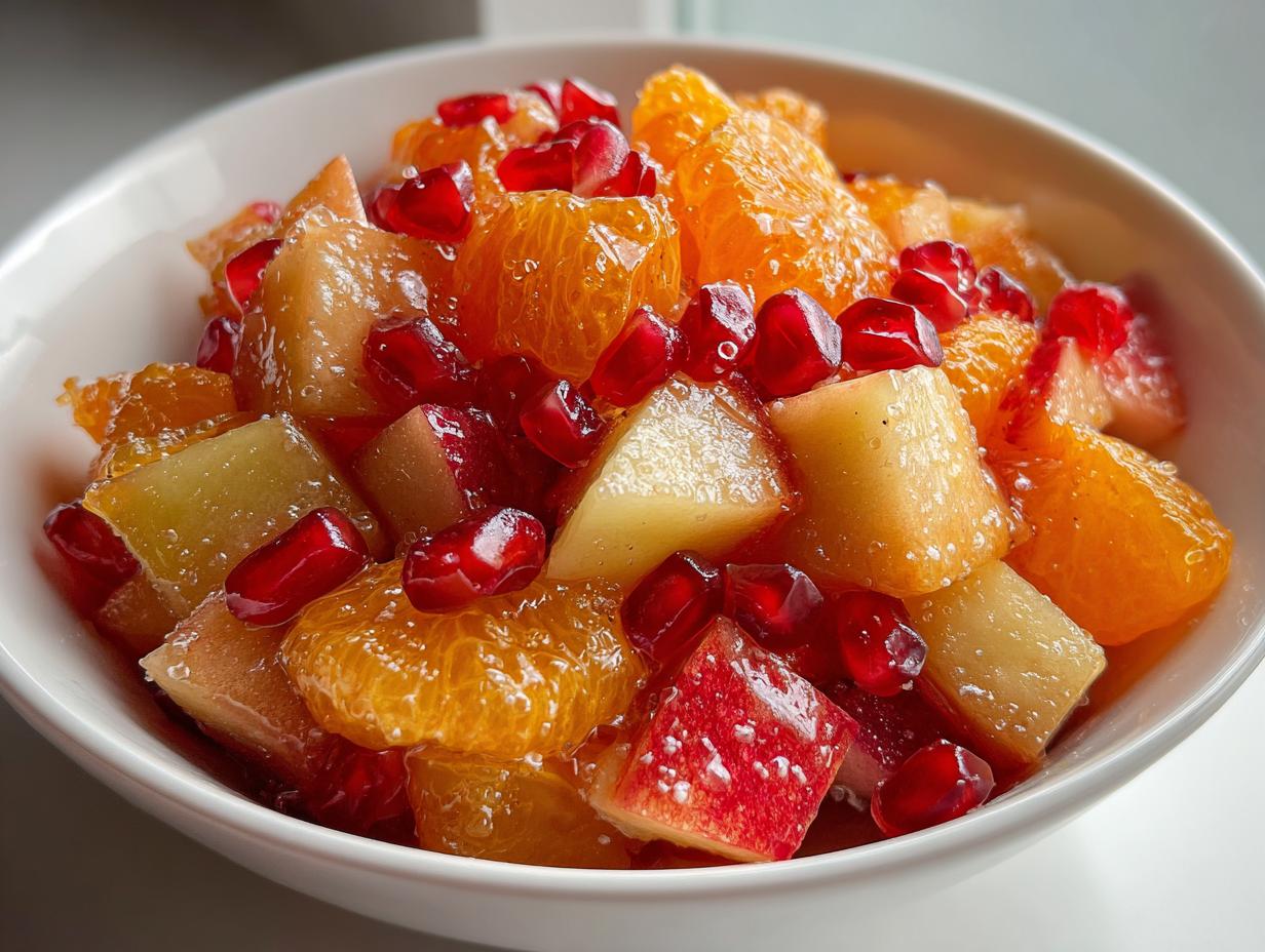 Close-up of a vibrant winter fruit salad featuring orange segments, diced apples, and bright red pomegranate seeds.