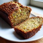 A close-up of a loaf of zucchini banana bread, sliced to show the moist interior with visible green zucchini shreds.