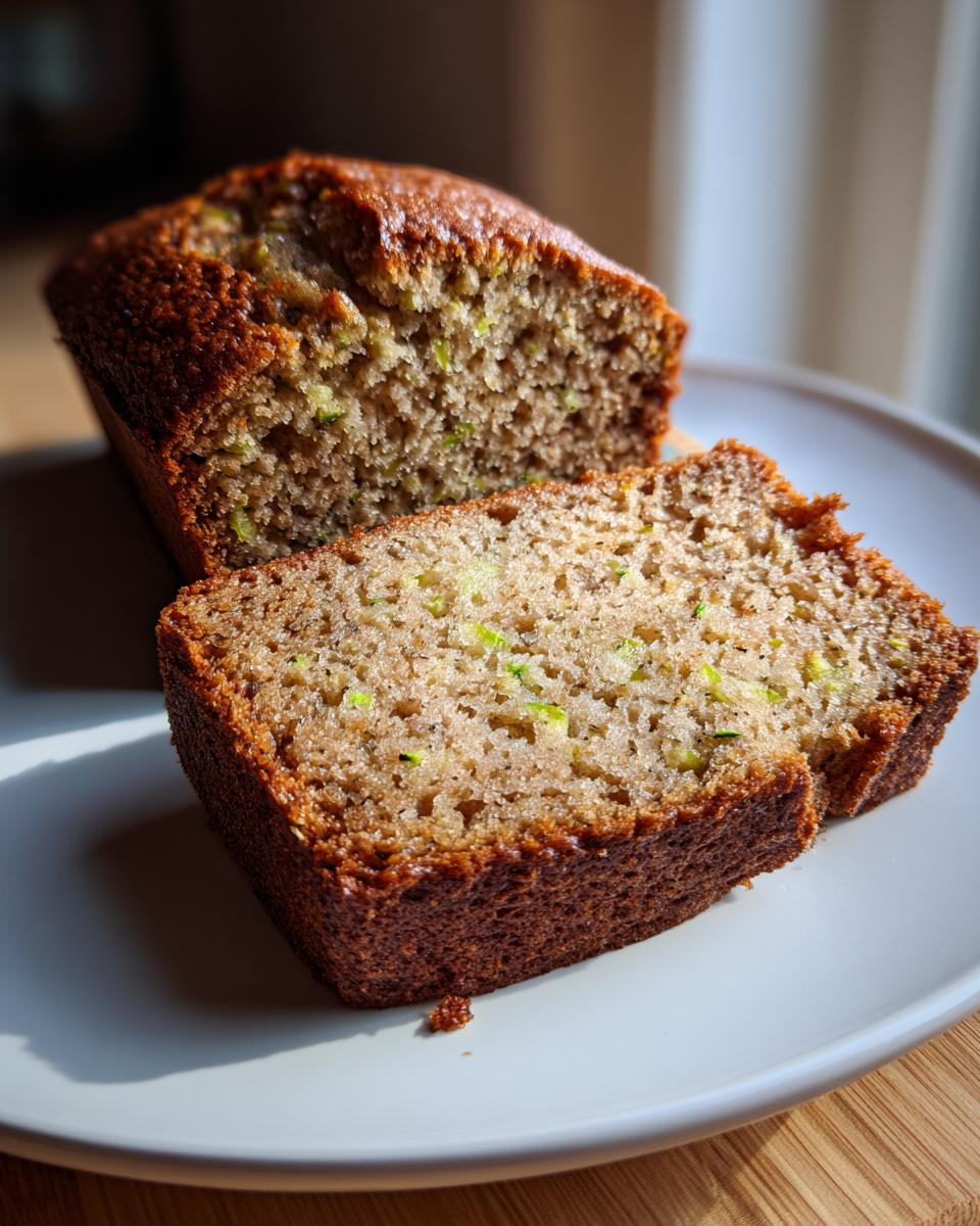 Close-up of a sliced loaf of moist zucchini banana bread showing green zucchini flecks in the crumb.
