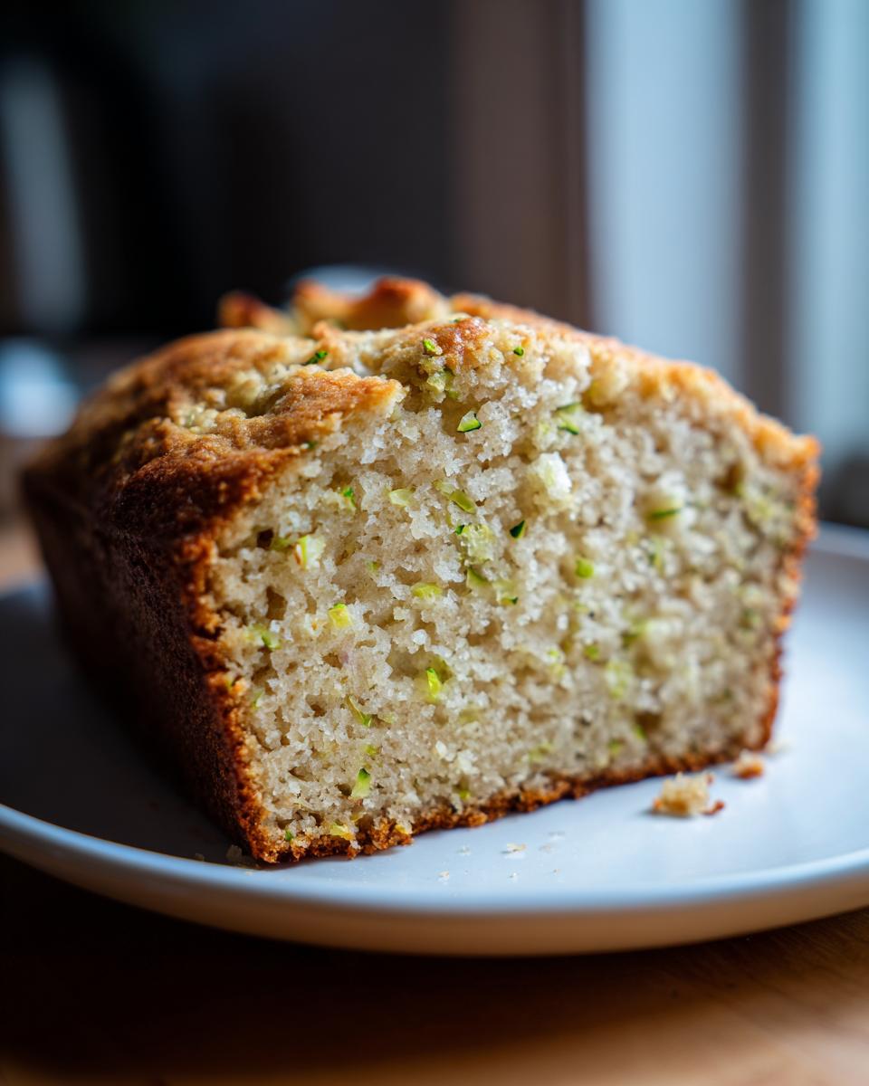 Close-up of a slice of moist zucchini banana bread showing green shreds of zucchini throughout the crumb.