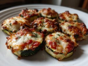 Close-up of several baked zucchini pizza bites topped with melted, browned mozzarella cheese and herbs on a white plate.