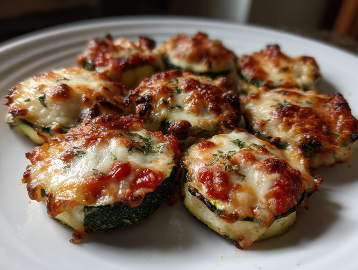 Close-up of several baked zucchini pizza bites topped with melted, browned mozzarella cheese and herbs on a white plate.