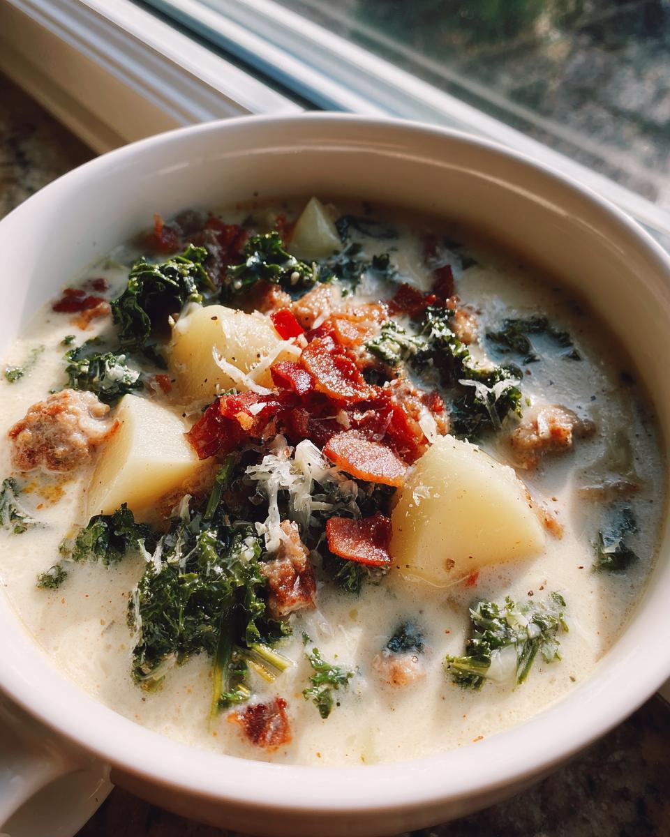 Close-up of a creamy bowl of zuppa toscana soup topped with potatoes, sausage, kale, bacon, and Parmesan.