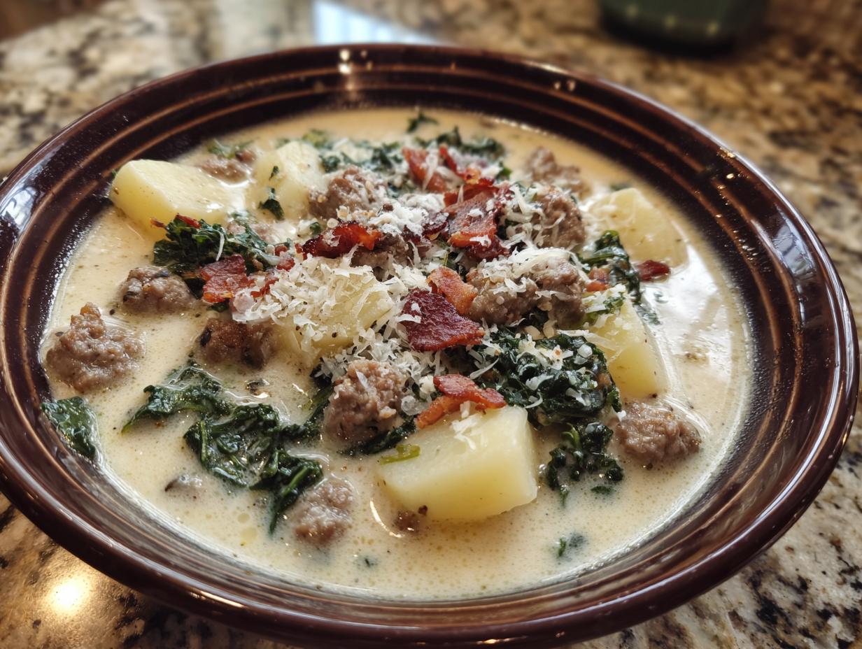 A close-up of a hearty bowl of zuppa toscana soup featuring sausage, potatoes, kale, and topped with bacon and Parmesan.