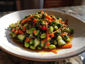 A close-up of a vibrant edamame salad featuring shelled edamame, sliced cucumbers, shredded carrots, and sesame seeds in a dark dressing.