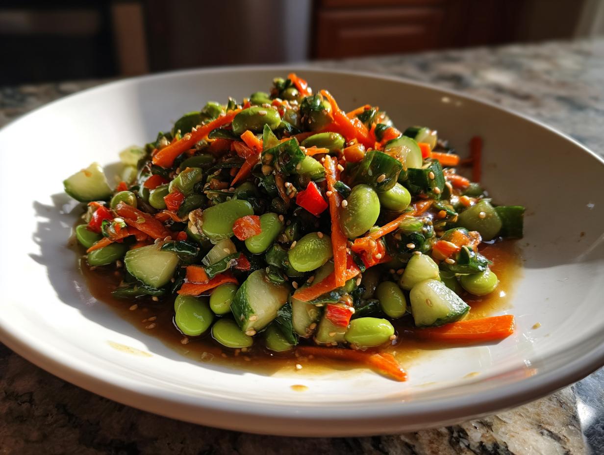 A close-up of a vibrant edamame salad featuring shelled edamame, sliced cucumbers, shredded carrots, and sesame seeds in a dark dressing.