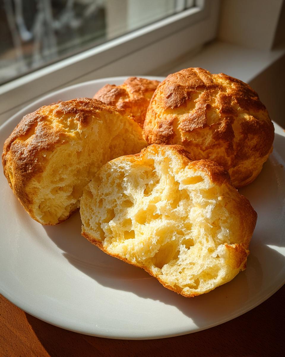 Three golden-brown cloud bread buns on a white plate, one is broken open showing the airy interior.
