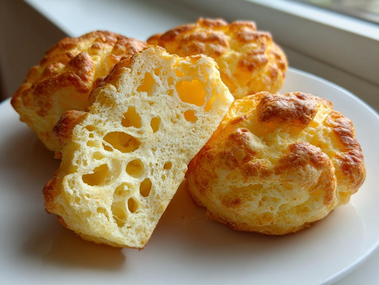 Three golden-brown cloud bread pieces on a white plate, one cut open to show its airy, hole-filled interior.