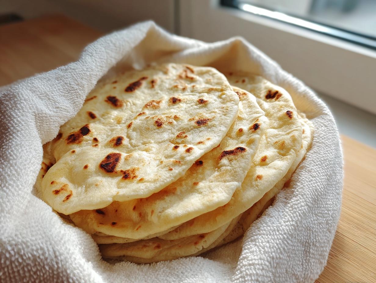 A stack of freshly cooked, soft corn tortillas wrapped in a white towel, showing light brown char marks.