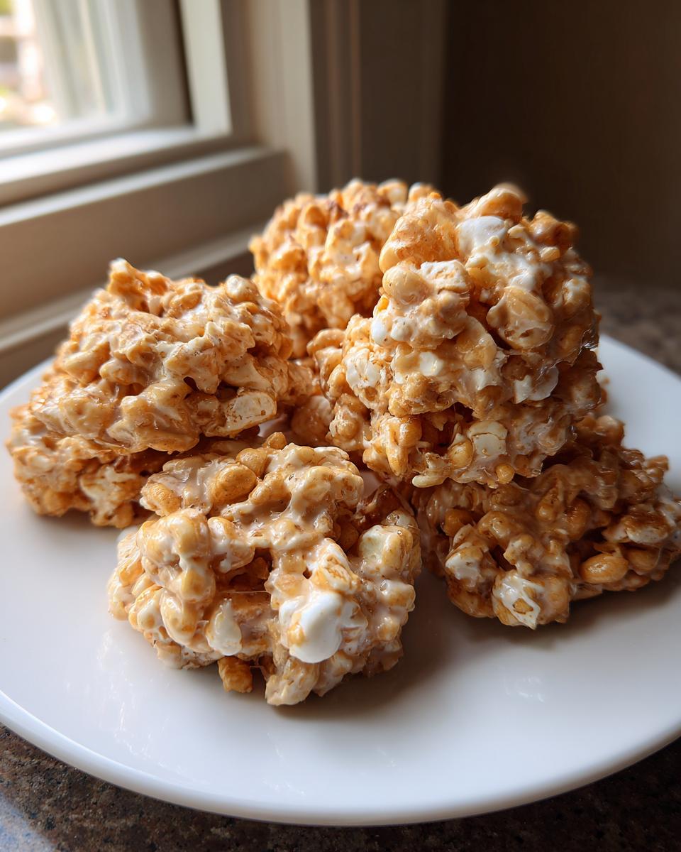 A small pile of homemade avalanche cookies, featuring crispy cereal and melted marshmallow, served on a white plate.