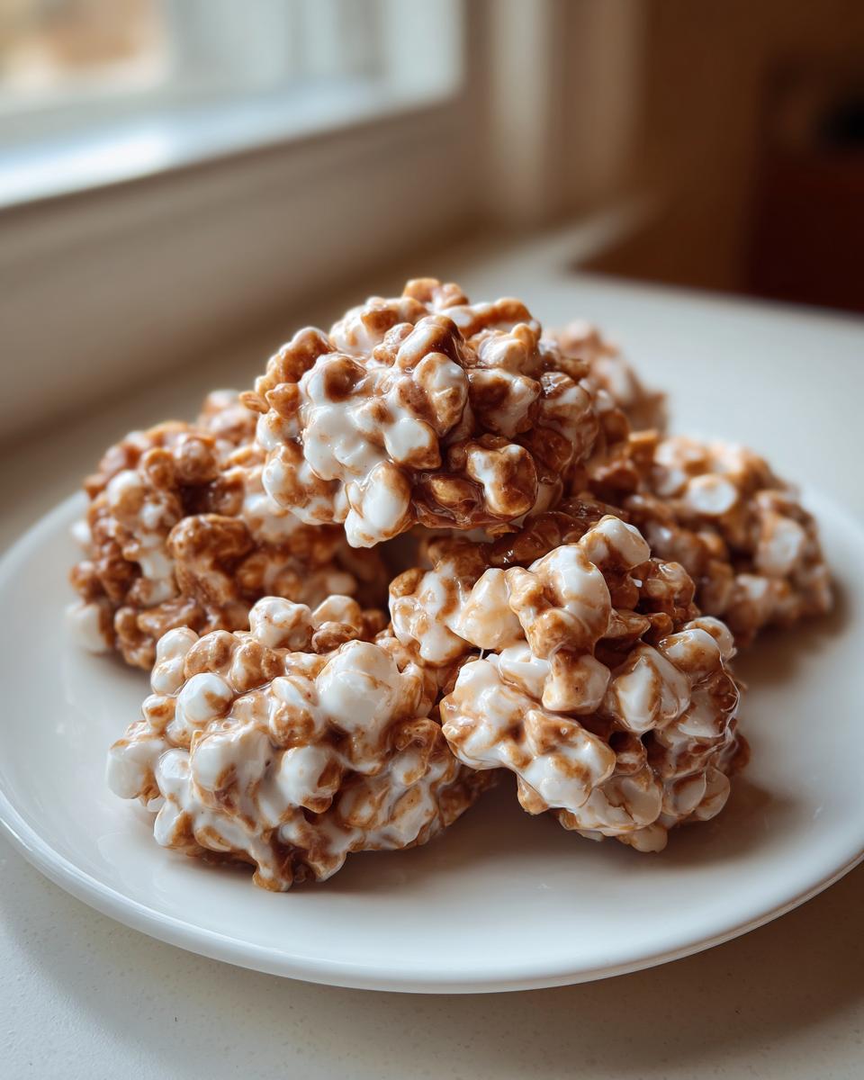 A small stack of gooey, white and brown avalanche cookies made with marshmallows and chocolate on a white plate.