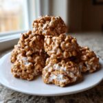 A small pile of homemade avalanche cookies made with peanut butter and white chocolate drizzled on a white plate.