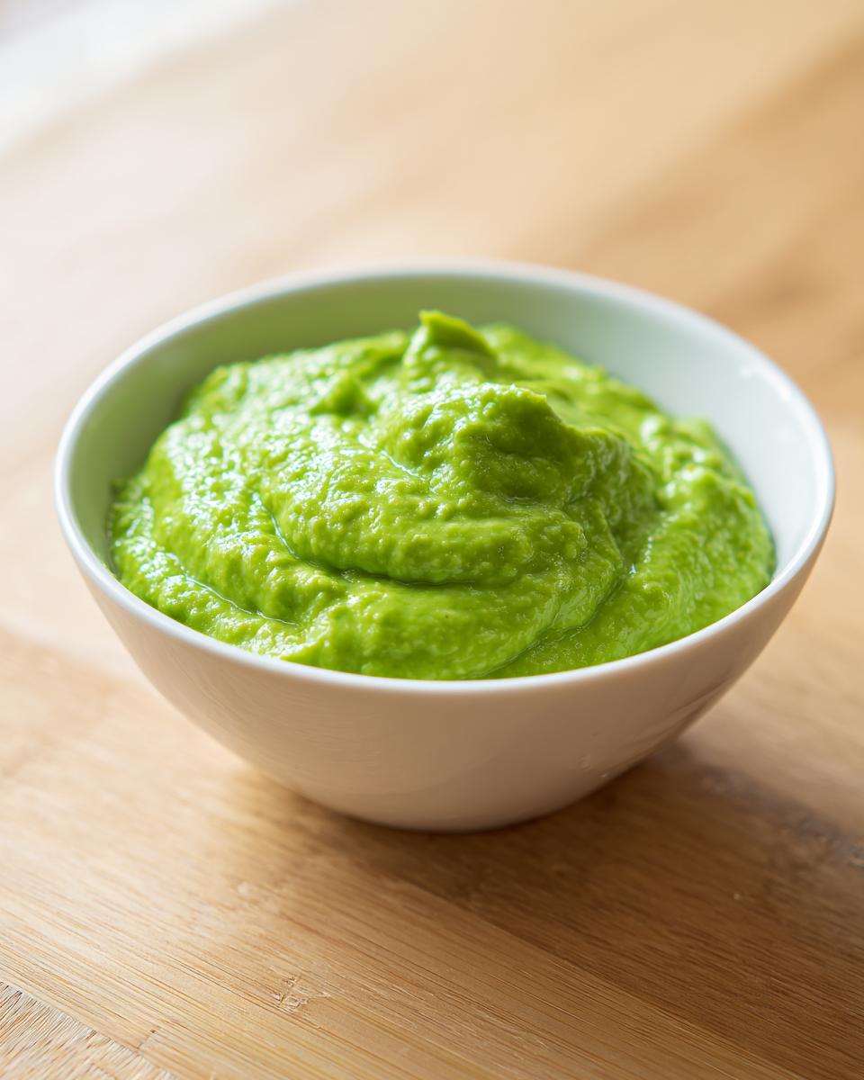 A close-up of vibrant green avocado sauce filling a small white bowl set on a light wooden surface.