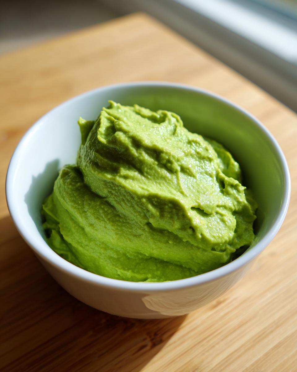 A close-up of bright green, creamy avocado sauce served in a small white bowl on a wooden surface.