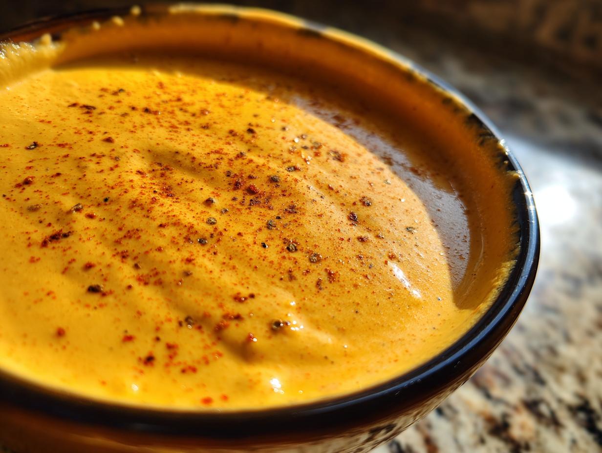 Close-up of rich, orange beer cheese dip topped with paprika and pepper in a dark bowl.