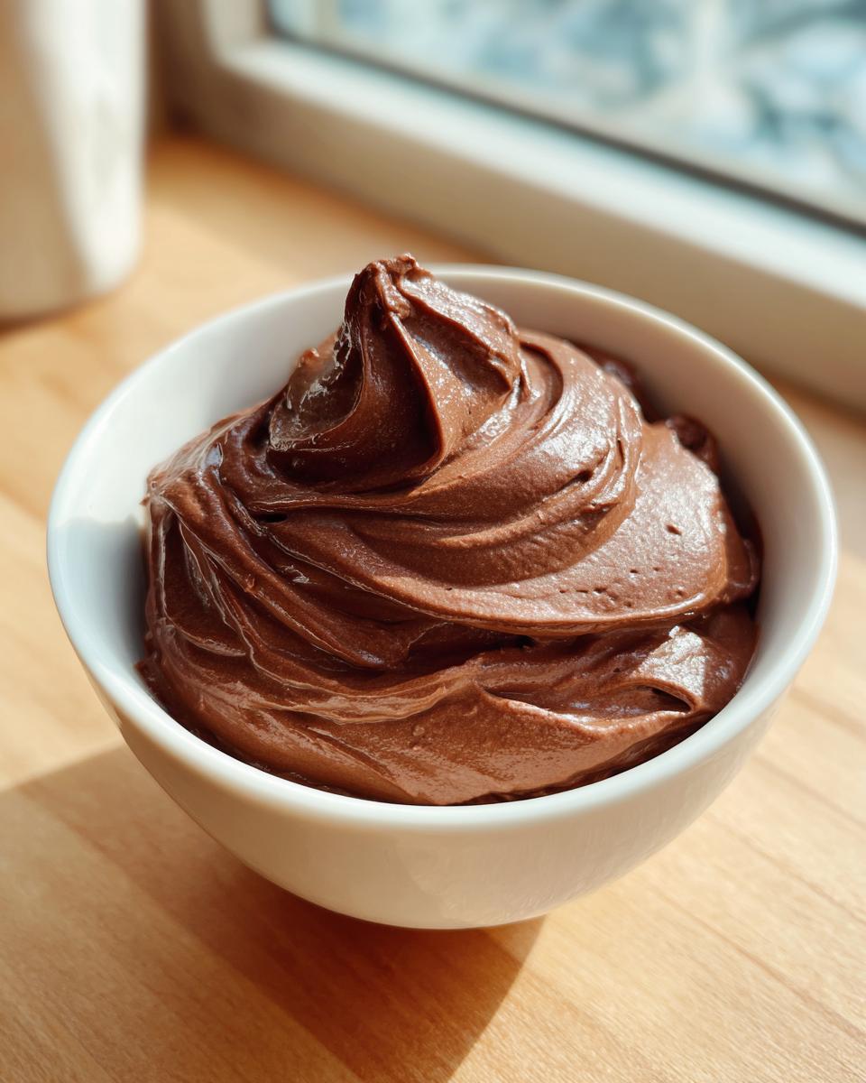A close-up of rich, creamy chocolate pudding swirled high in a small white bowl.