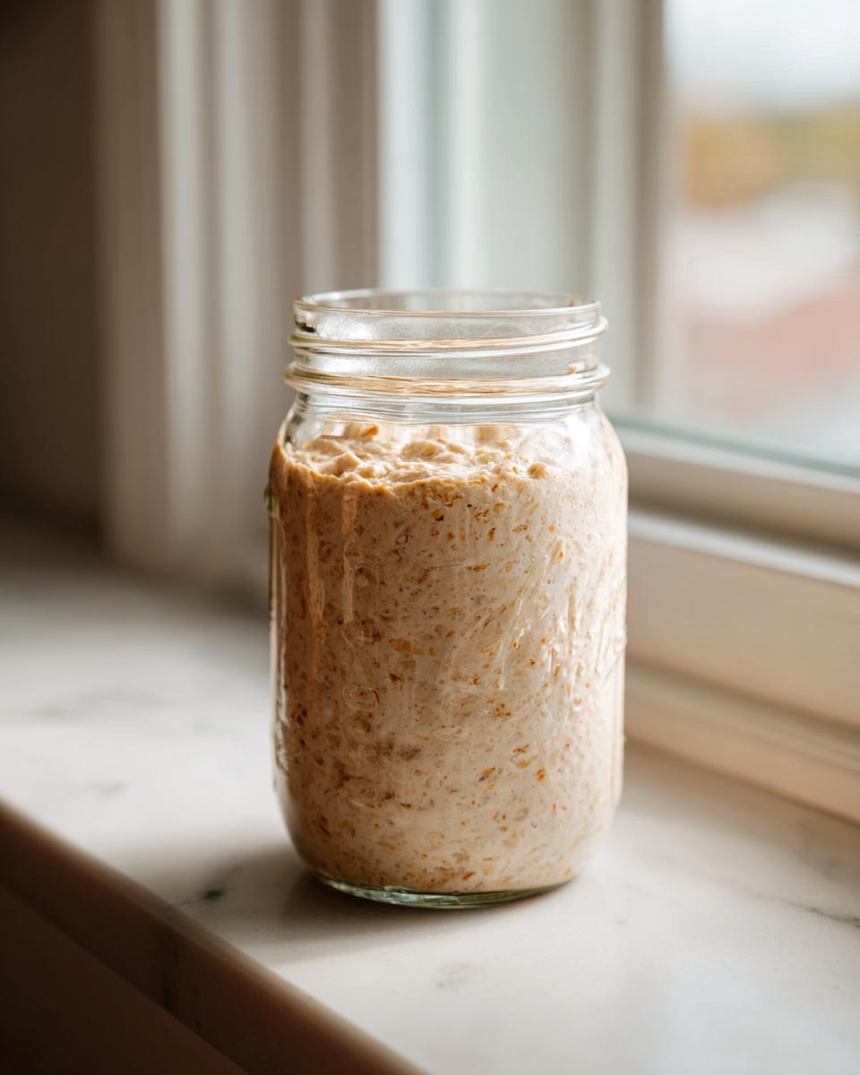 A bubbly, active sourdough starter mixture filling a clear glass mason jar, sitting on a white windowsill.