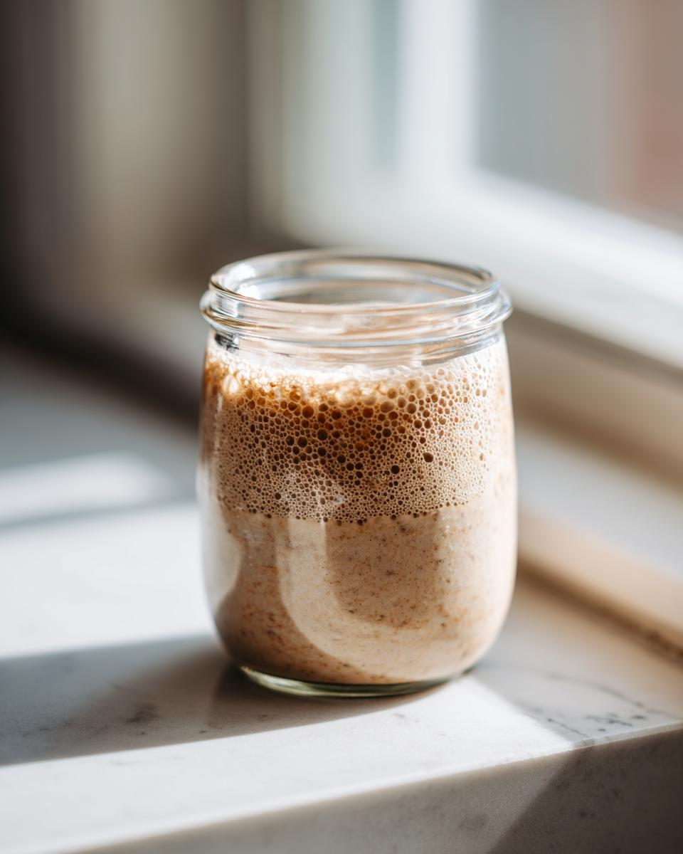 A glass jar containing an active, bubbly sourdough starter sitting on a bright windowsill.