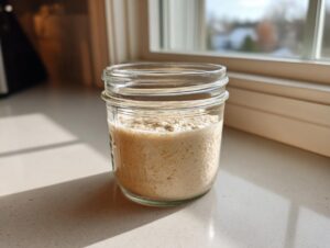 A bubbly, active sourdough starter in a clear glass mason jar sitting on a white countertop near a sunny window.