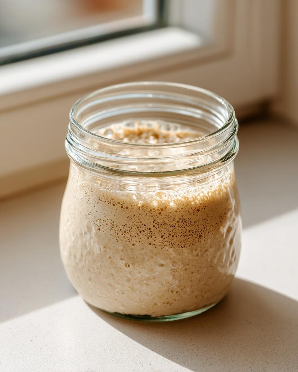 A glass jar filled with active, bubbly sourdough starter sitting on a light surface near a window.