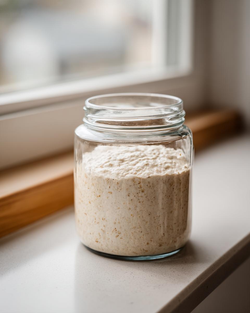 A bubbly, active sourdough starter in a clear glass jar sitting on a white windowsill.