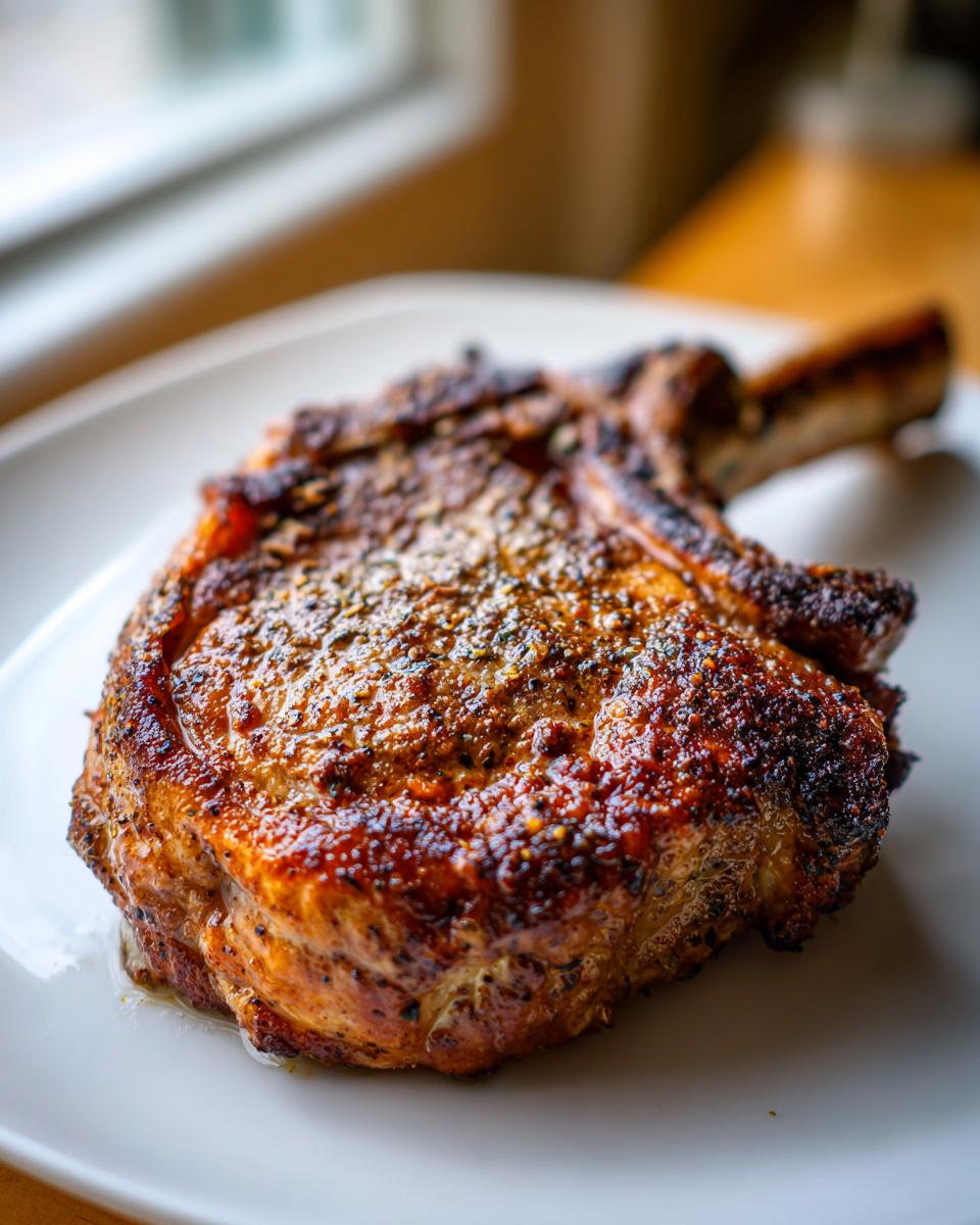Close-up of a thick, bone-in air fryer pork chops with a beautifully browned, seasoned crust resting on a white plate.