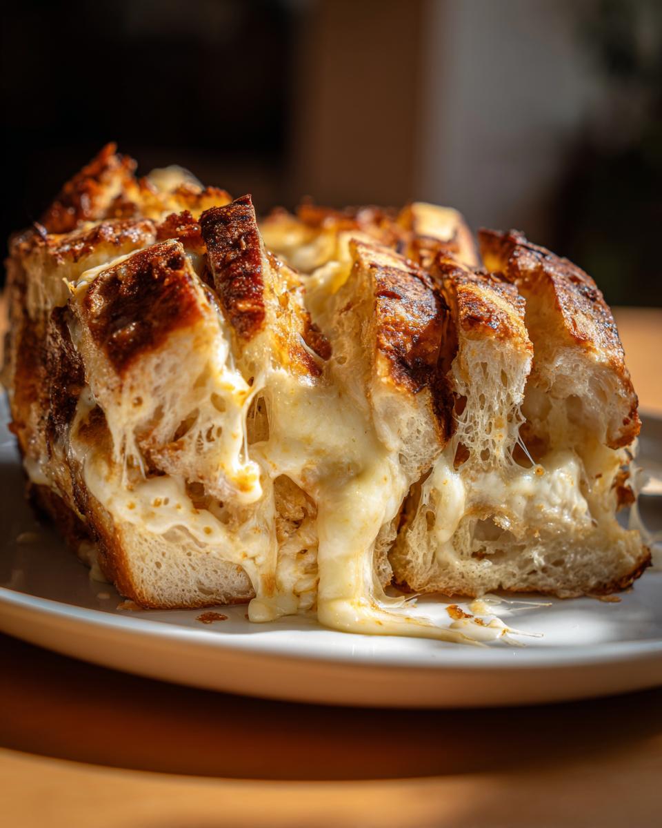 Close-up of a loaf of baked cheese bread, cut into sections, with gooey melted cheese stretching out.