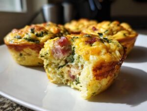 A close-up of one of the amazing 12-egg bites, showing the fluffy interior filled with ham and herbs.