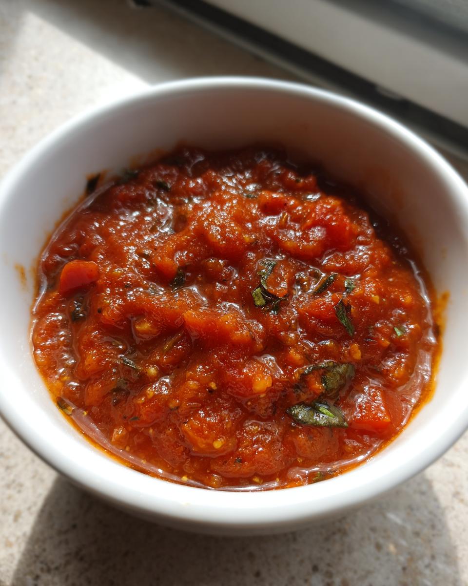 Close-up of a small white bowl filled with rich, chunky homemade tomato sauce garnished with fresh basil.