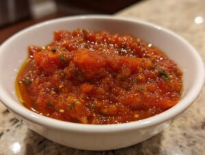 A close-up view of chunky, vibrant red homemade tomato sauce in a small white bowl.