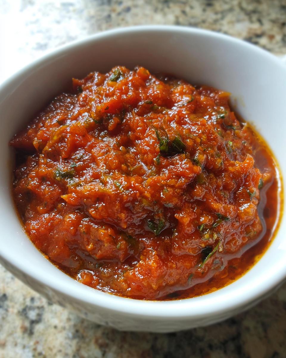 Close-up of a thick, chunky homemade tomato sauce seasoned with herbs, served in a small white bowl.