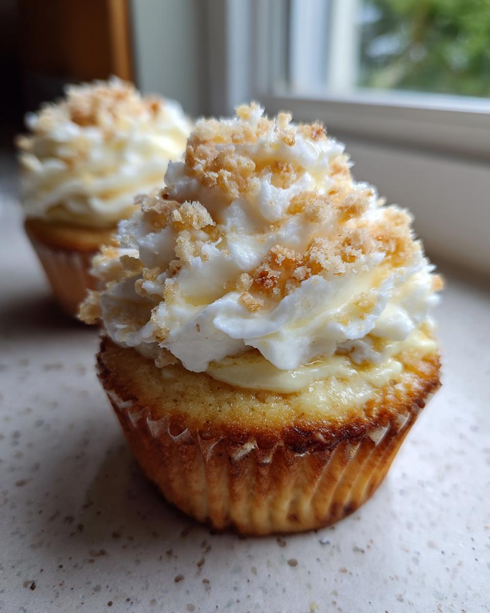 A close-up of an amazing banana pudding cupcake topped with white frosting, yellow filling, and crushed wafer crumbs.