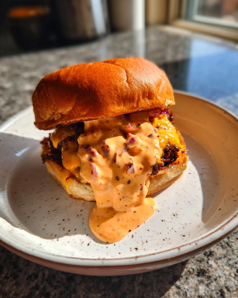 A close-up of a cheeseburger generously topped with creamy, orange burger sauce dripping onto the plate.