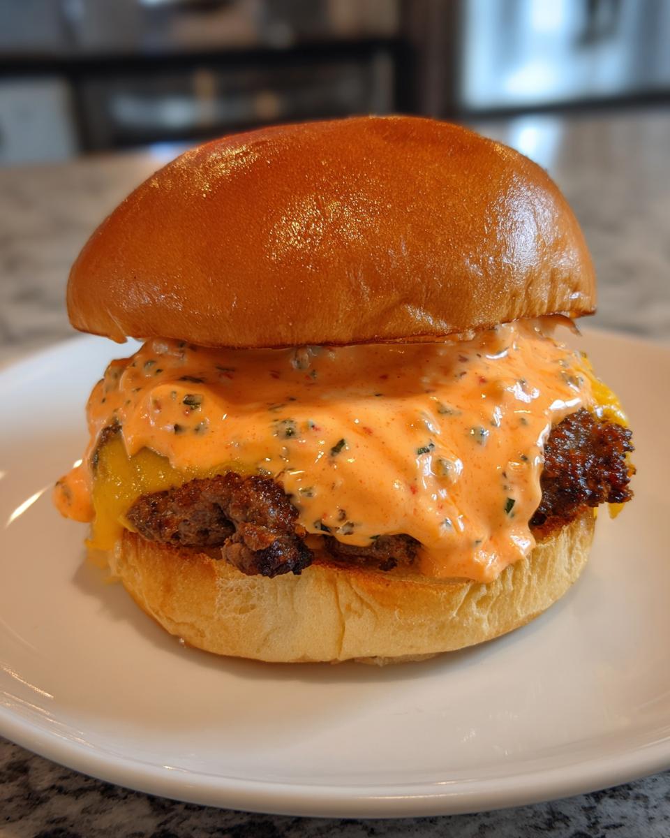 A juicy burger patty topped with melted cheese and generously covered in a creamy orange burger sauce, served on a brioche bun.