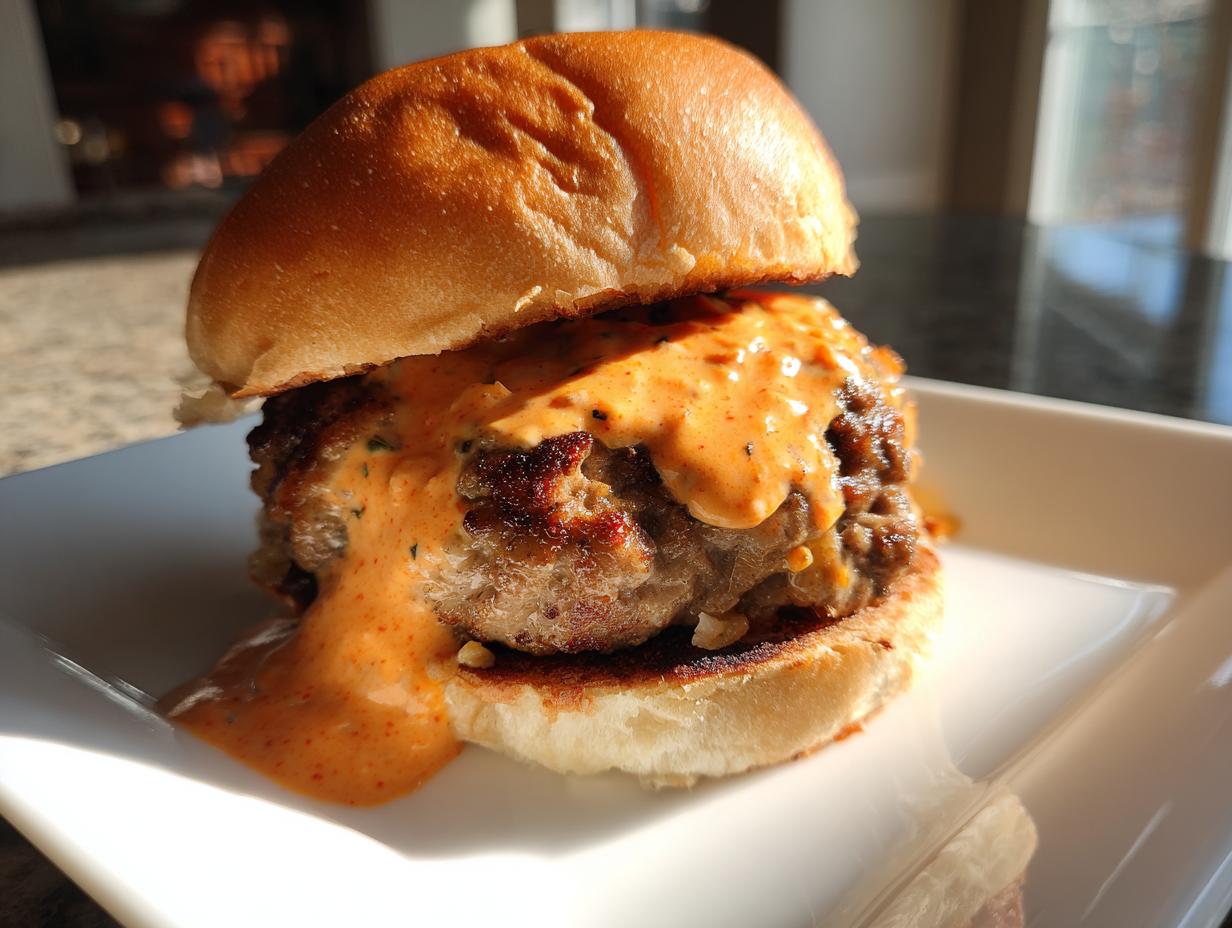 Close-up of a juicy burger patty on a bun generously topped with orange-colored amazing burger sauce.