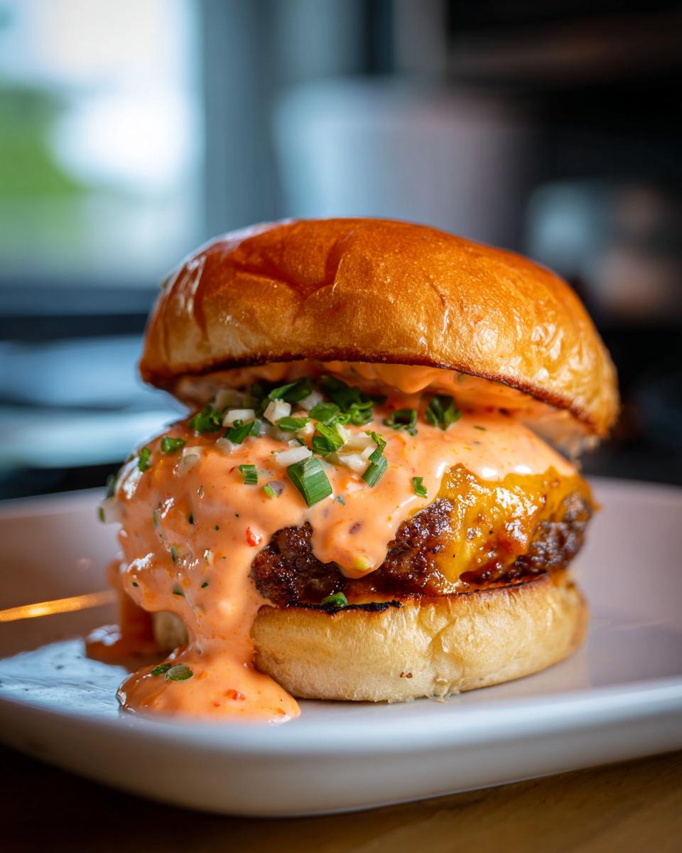 Close-up of a juicy cheeseburger generously covered in creamy, orange burger sauce and topped with chopped chives.