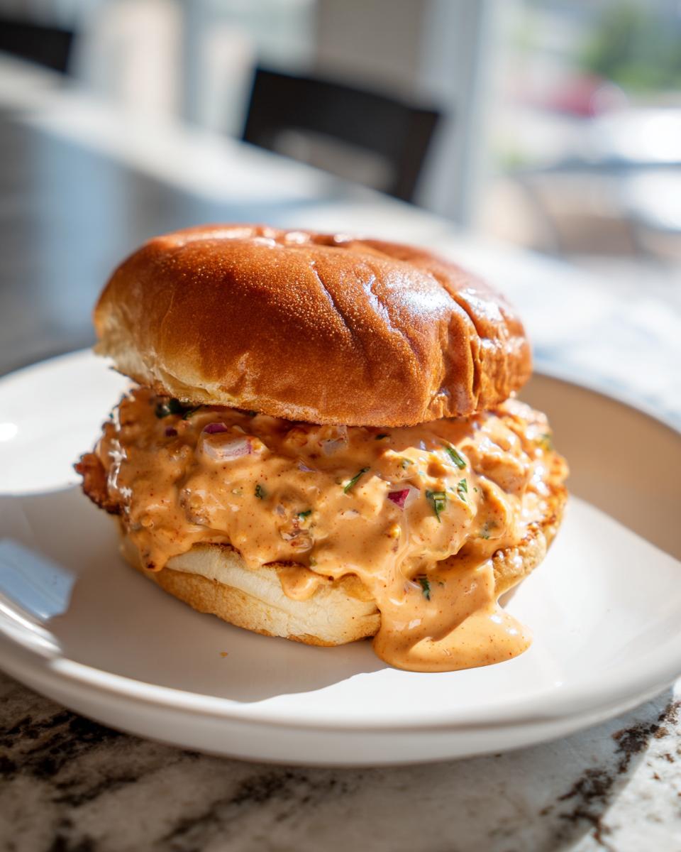 A close-up of a sandwich overflowing with creamy, orange burger sauce, served on a white plate.
